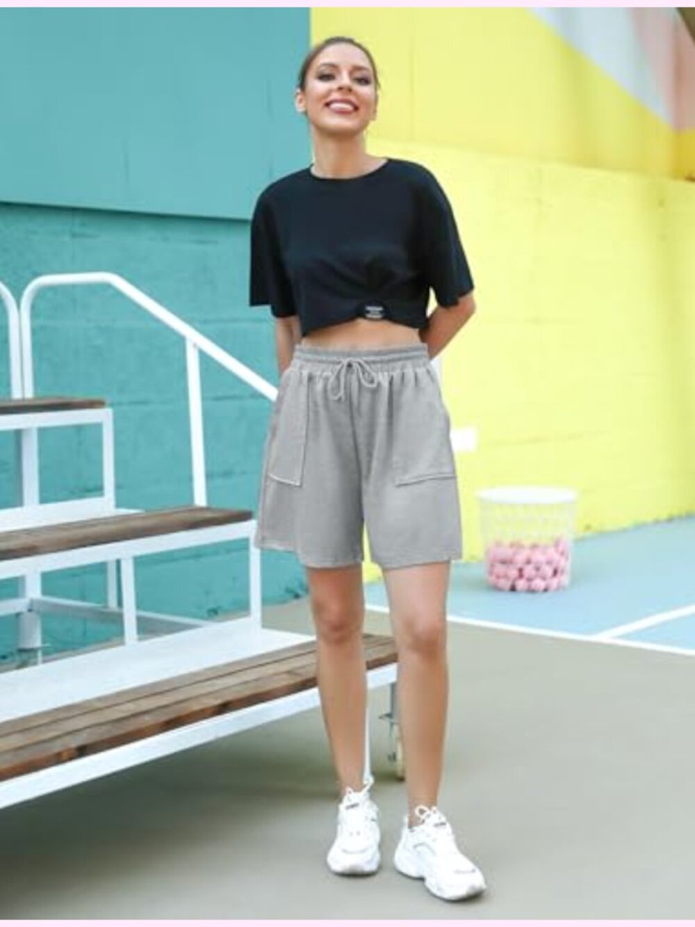 Women's High Waisted Sweat Shorts Loose Fit Bermuda Pockets Drawstring 7" Inseam - Picture 3 of 6